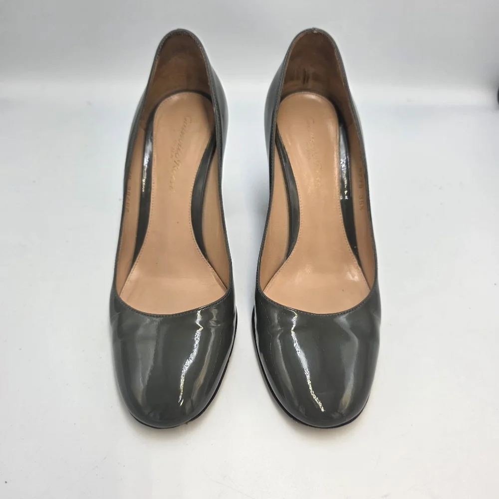 GIANVITO ROSSI Taupe (Green/Gray) Patent Block Heeled Pump (85mm), Size 35½